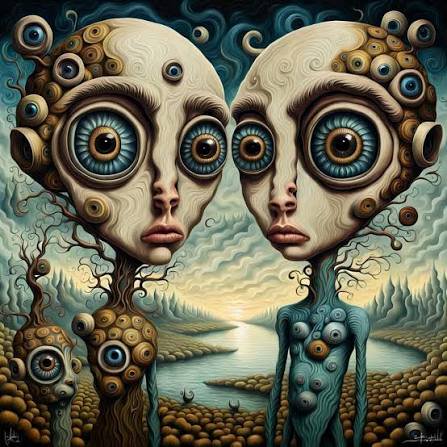Pop surrealist painting of matching eye-covered humanoid twin figures standing in a swirling eeri...