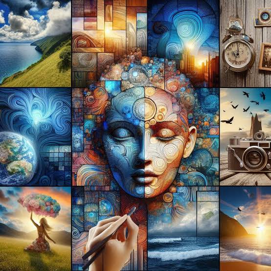 Surreal stained-glass style digital collage centered on an ornate stylized human face, surrounded...
