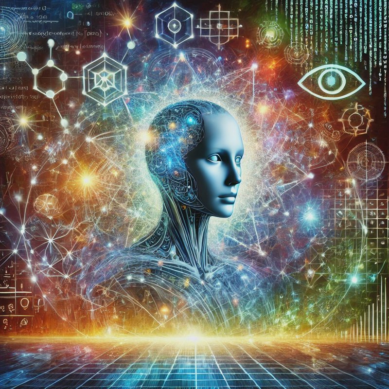 Glowing futuristic humanoid AI bust in profile, surrounded by neural networks, sacred geometry, and esoteric digital