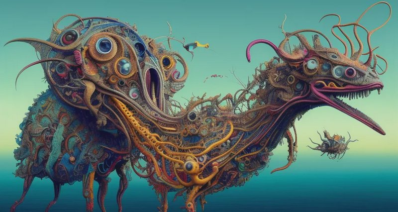 Intricate multi-eyed surreal fantasy beast with curling tendrils stands against a soft teal gradi...