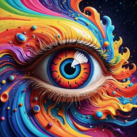 Surreal detailed human eye framed by swirling rainbow paint against a dark starry cosmic background