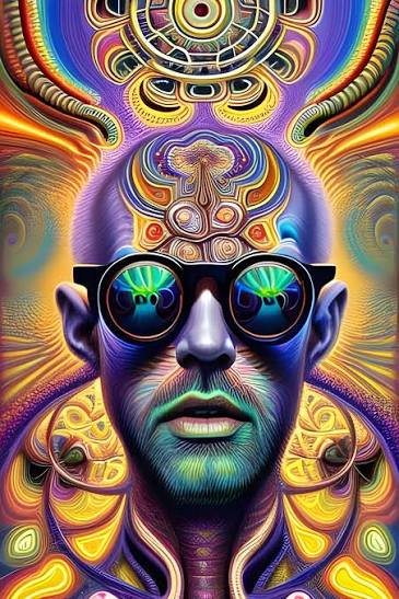 Surreal psychedelic portrait of a bearded man in round glasses with glowing ornate third eye patt...