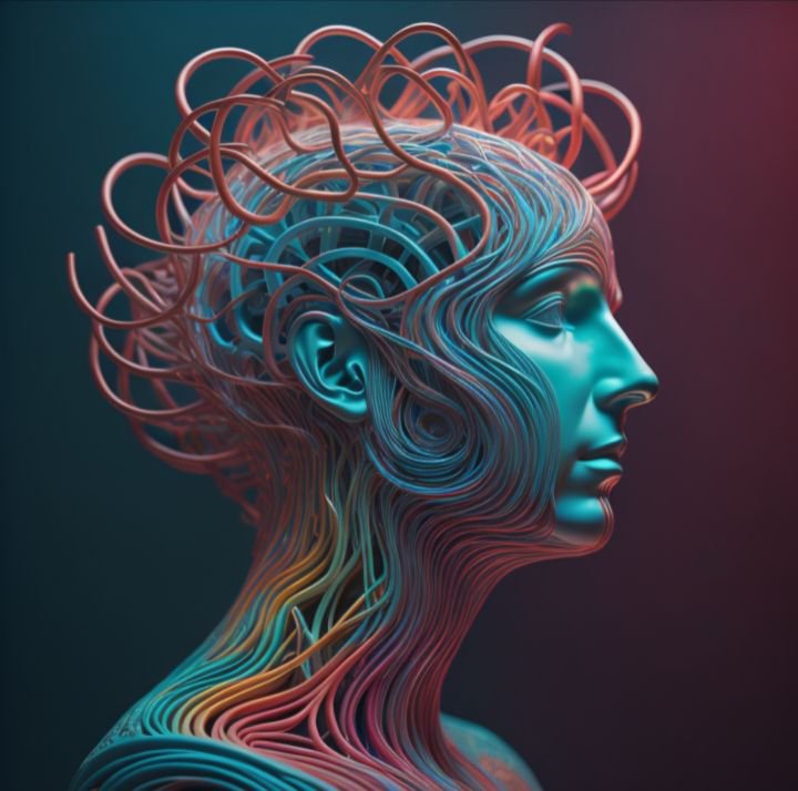 Surreal 3D human head profile constructed from swirling multicolored curved filament strands