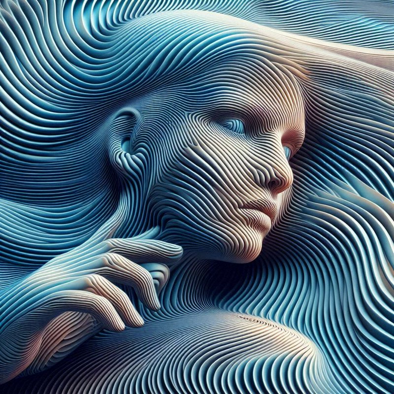 Surreal layered wavy line artwork of a human face and outstretched hand in soft cool blue tones
