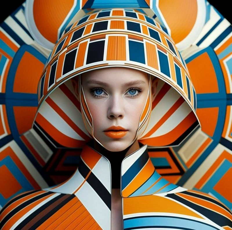 Close-up portrait of a woman wearing a bold symmetrical geometric avant-garde headdress and match...