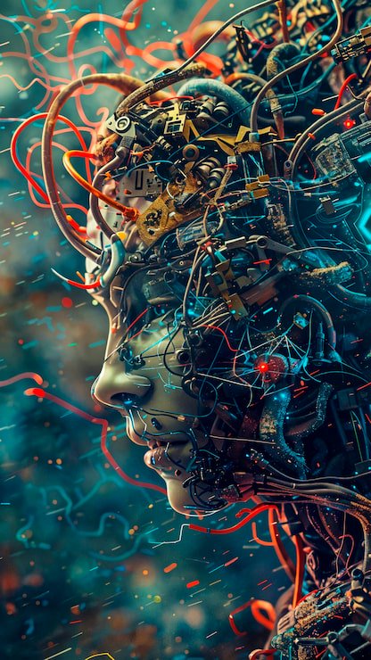 Side profile of a cybernetic cyborg head tangled in glowing wiring and electronic components agai...