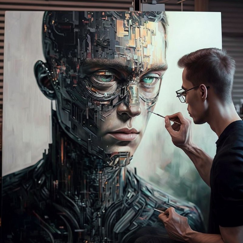 Male artist paints a large hyperrealistic half-mechanical cyborg portrait matching his own facial...
