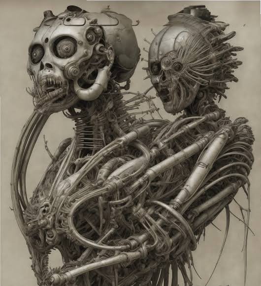 Two intricate skeletal biomechanical cyborg figures posed close together against a plain muted ba...