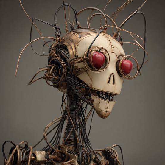 Surreal steampunk robot skull sculpture with glossy red apple eyes and tangled exposed wiring