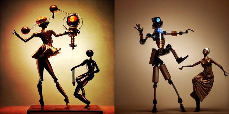 Diptych of whimsical dancing steampunk robot marionette sculptures in side-by-side warm studio fr...