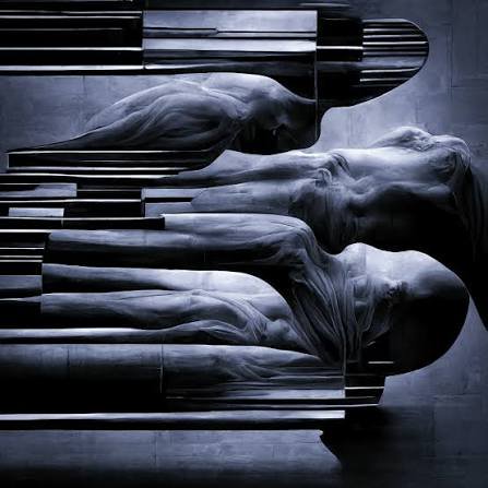 Surreal monochrome artwork merging piano keys with flowing draped classical human figures