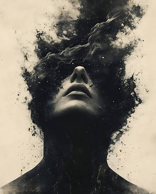 Surreal monochrome portrait of an upward-tilted human face dissolving into swirling dark ink smoke