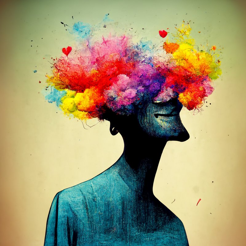Surreal profile portrait of a figure with rainbow paint splash hair and floating small red hearts