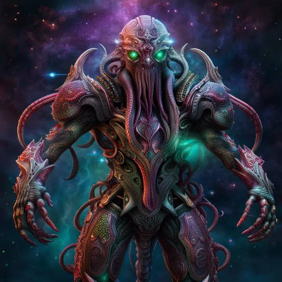 Ornate armored tentacled cosmic alien with glowing green eyes stands against a swirling nebula st...