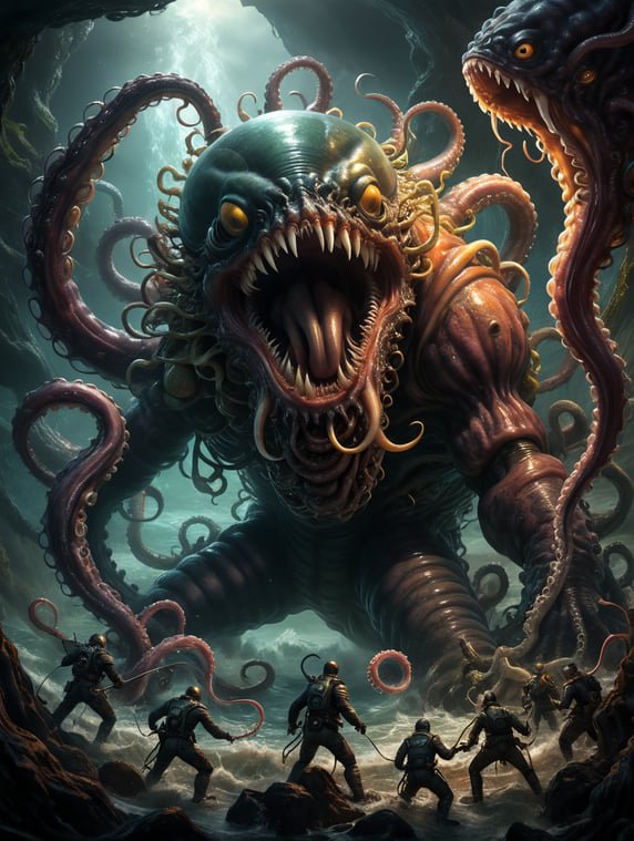 Group of deep sea divers confronting a massive fanged tentacled kraken monster in an underwater cave
