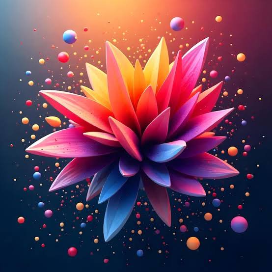 Gradient 3D abstract lotus flower surrounded by floating colorful glowing orbs against a dark bac...