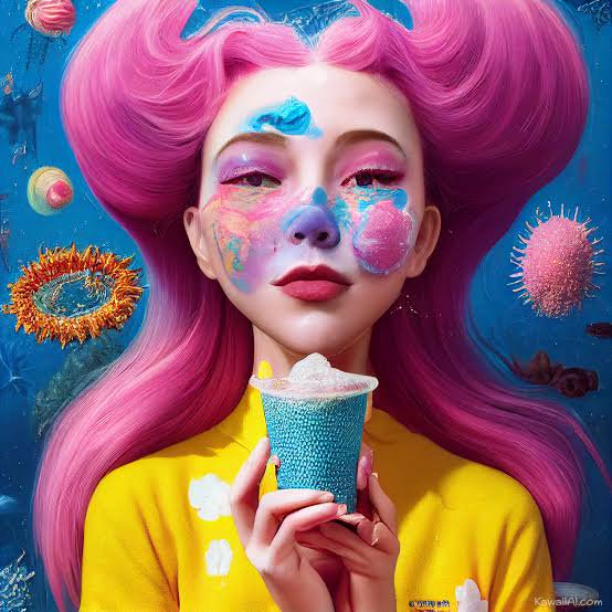 Surreal portrait of a woman with bright voluminous pink hair holding a blue frothy drink against a fantasy underwater