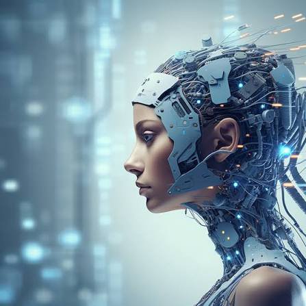 Profile view of a female humanoid cyborg with exposed wiring against a blurred futuristic tech background