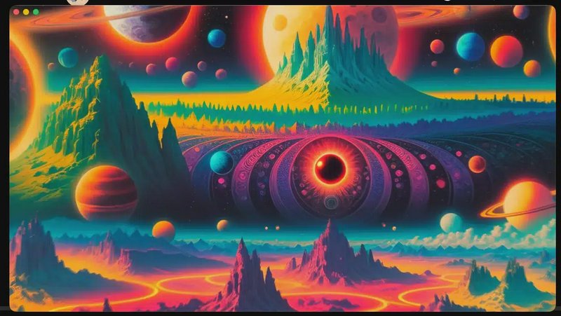 Surreal psychedelic alien landscape featuring floating planets, jagged mountains, and a glowing c...