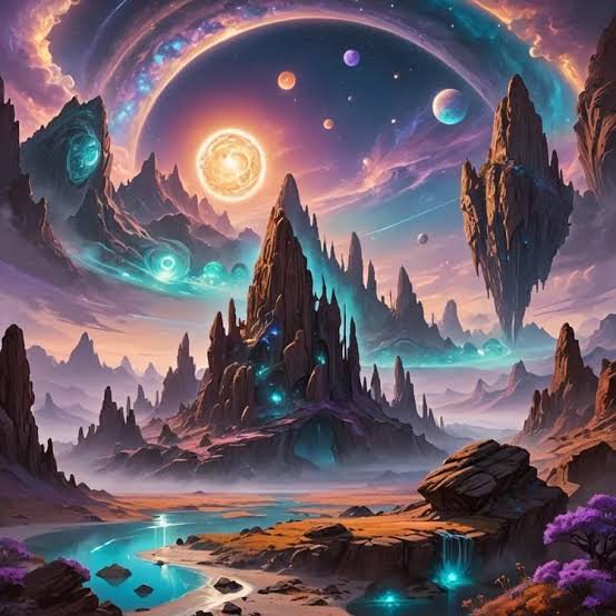 Surreal alien fantasy landscape with jagged spire mountains, glowing ringed nebula sky, orbiting ...