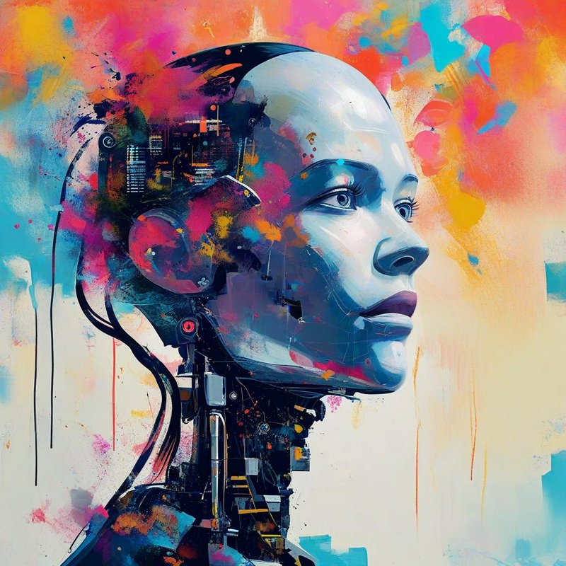 Painted profile portrait of a female humanoid android set against vibrant abstract paint splatter