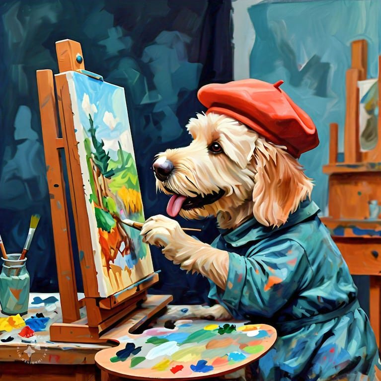 Fluffy goldendoodle wearing a red beret paints a landscape canvas at a wooden studio easel