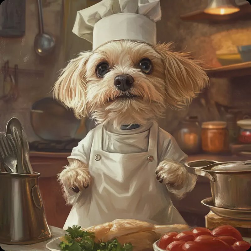 Fluffy blonde dog in a chef hat and apron stands behind a rustic kitchen counter with fresh cooki...
