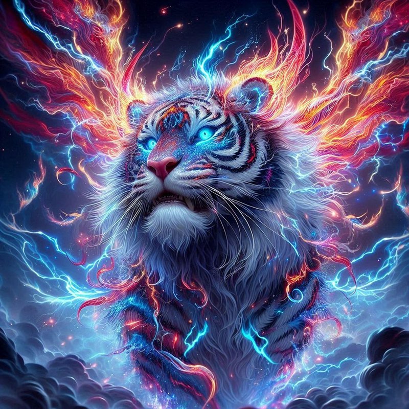 Mythical glowing winged tiger wreathed in lightning and fire rises above dark storm clouds