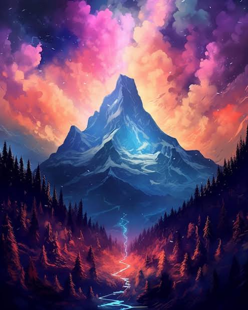 Towering snow-capped mountain sits beneath vivid colorful sunset clouds above a glowing winding s...