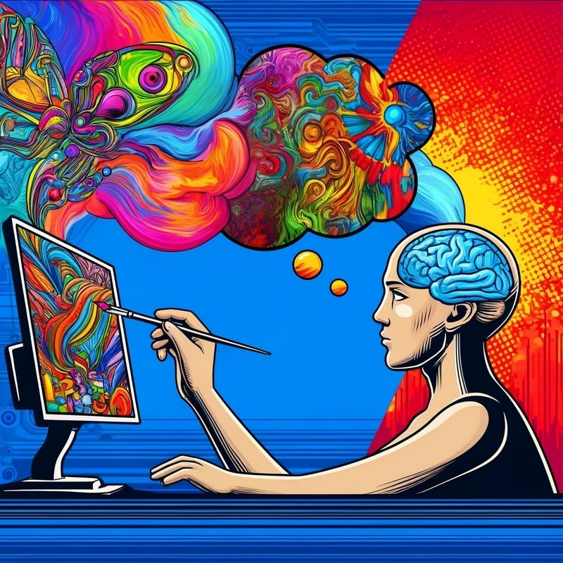 Pop art illustration of an artist with a visible brain creating art, bright psychedelic thought b...