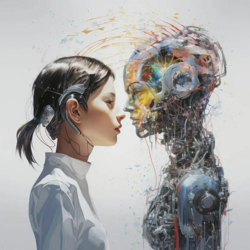 Augmented young woman stands face to face with an intricate humanoid robot, glowing energy linkin...
