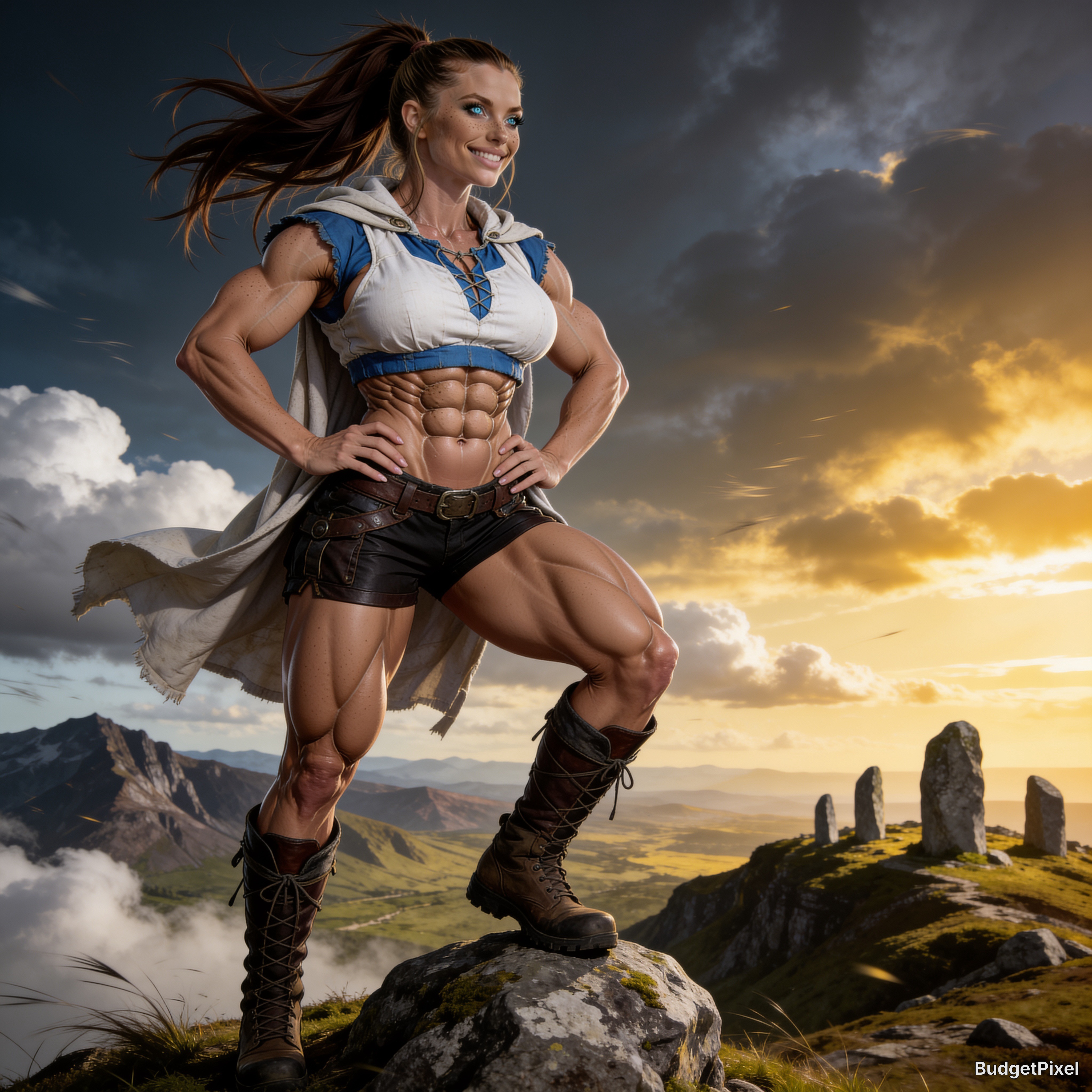 Powerful female warrior on a rocky cliff at sunset, cape flowing and muscular physique.