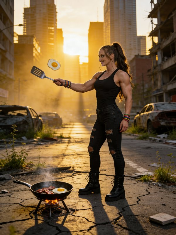 Strong woman cooking an egg in a frying pan on a small stove in a rundown city street at sunset.