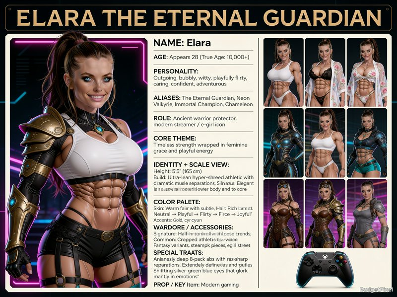 Character reference sheet for Elara the Eternal Guardian, showing a muscular fantasy warrior and ...