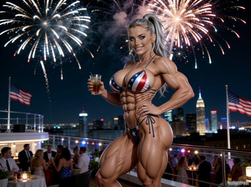 Muscular female bodybuilder in US flag bikini holds a cocktail under 4th of July fireworks at a N...