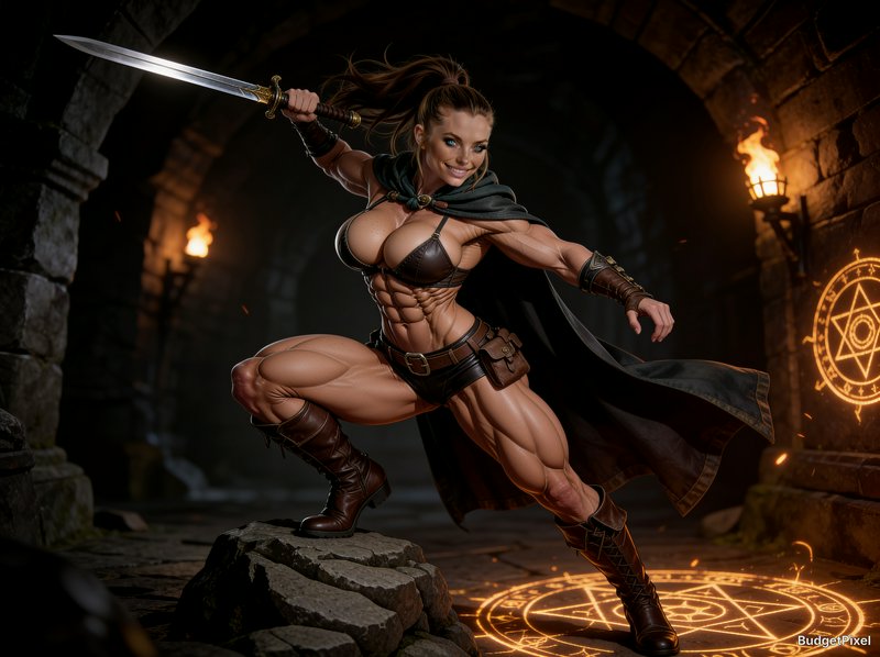 Hyper-muscular female fantasy warrior holds a raised longsword, posed battle-ready in a torchlit ...
