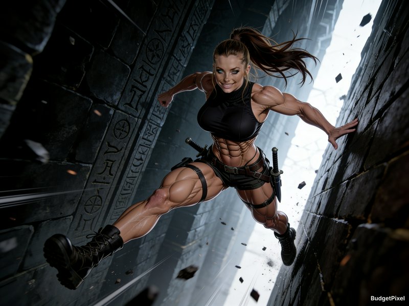 Muscular female fantasy warrior mid-leap between rune-carved ancient stone corridor walls, smilin...
