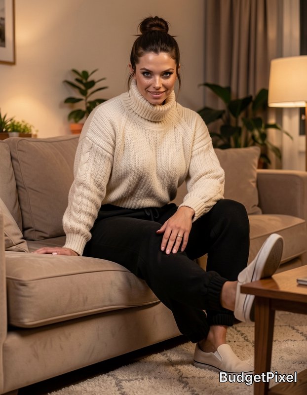 Smiling woman in a cozy cream cable-knit turtleneck sits casually on a plush beige living room sofa