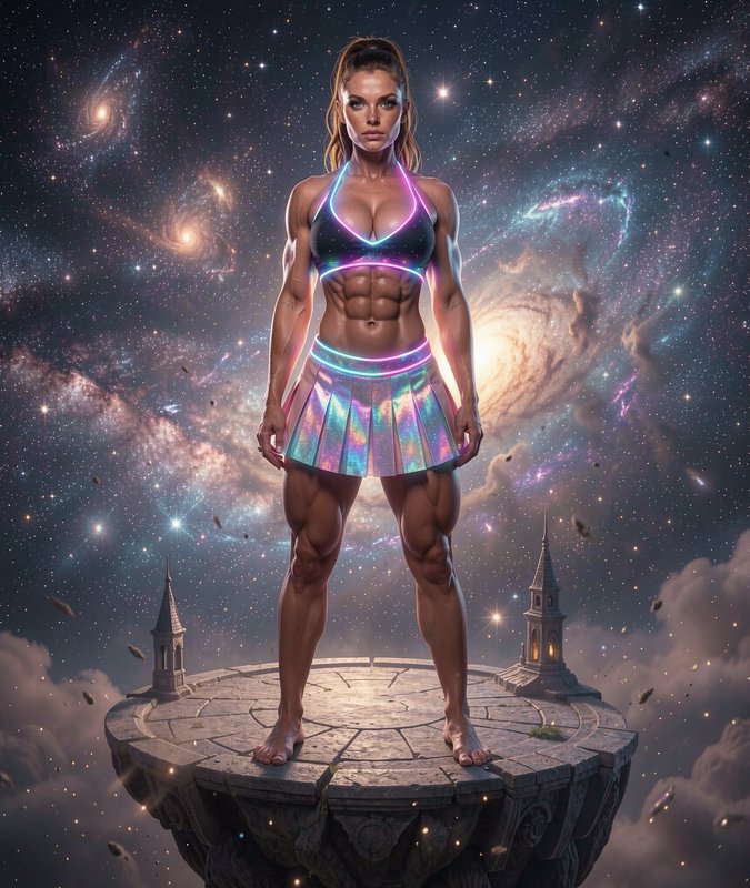 Powerful muscular woman in neon trimmed athletic wear stands on a floating stone platform against...