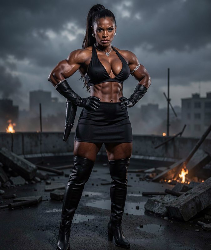 Muscular strong Black woman stands hands on hips with an intense stare on a stormy, fire-lit ruin...