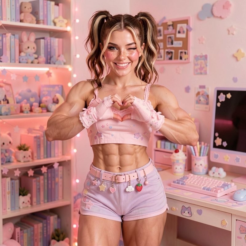 Muscular young woman with pigtails makes a heart hand gesture, winking, in a pastel kawaii themed...
