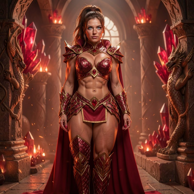 Muscular female fantasy warrior in red and gold armor stands in a candlelit stone hall lined with red crystals