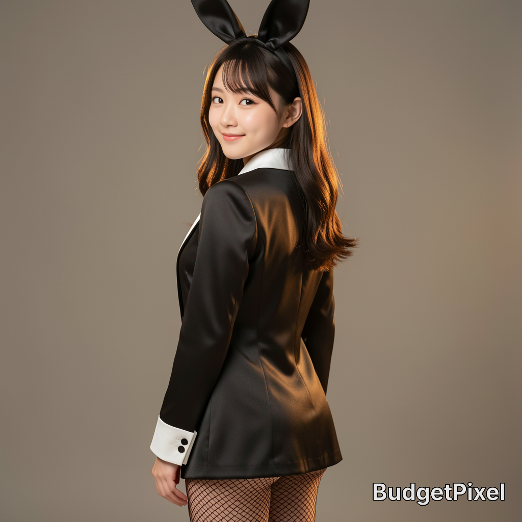 Young smiling East Asian woman in a bunny ear headband looks over her shoulder in a costume studio portrait