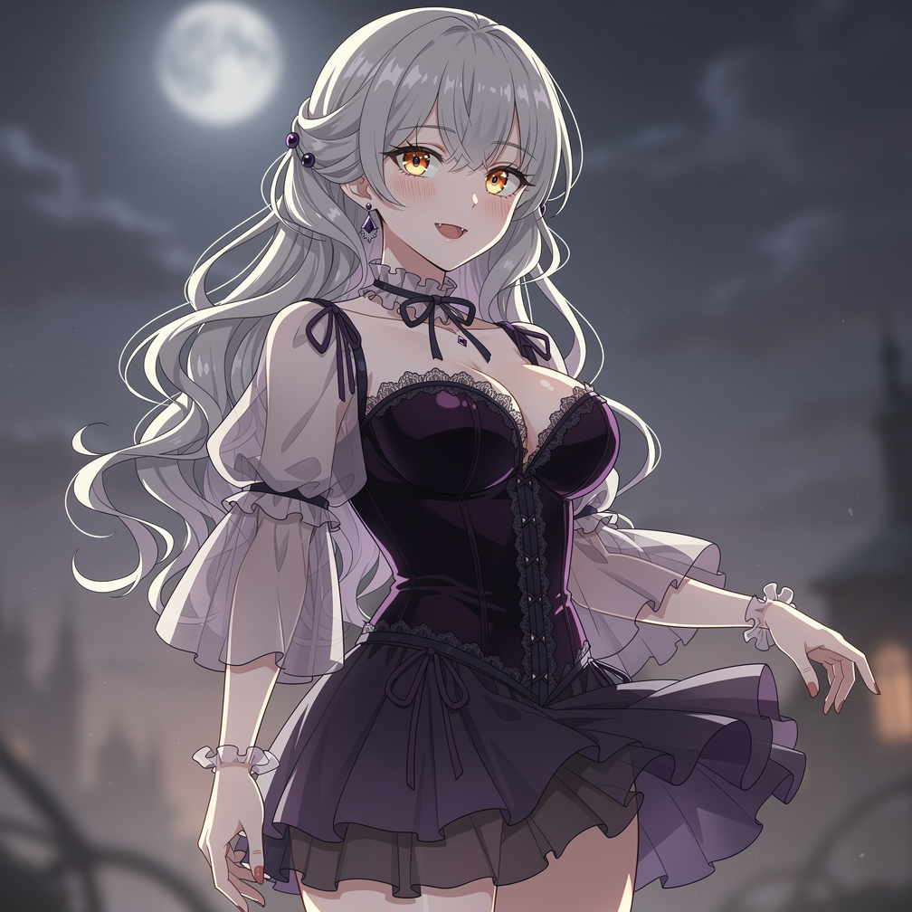 Anime silver-haired vampire girl with golden eyes in a gothic dress, standing under a glowing full moon night sky