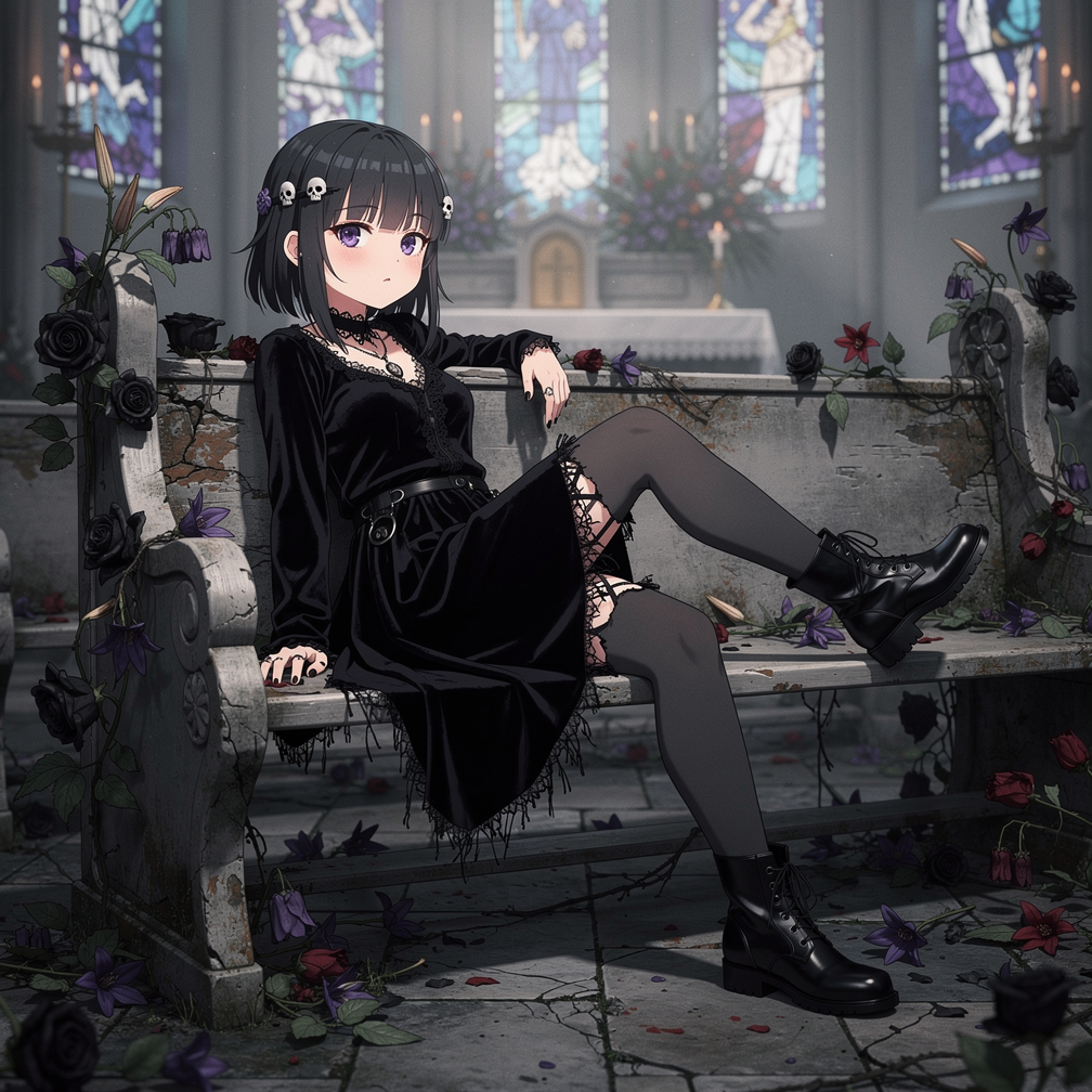 Goth anime girl in a black velvet dress sits on an overgrown pew inside an abandoned stained glass church