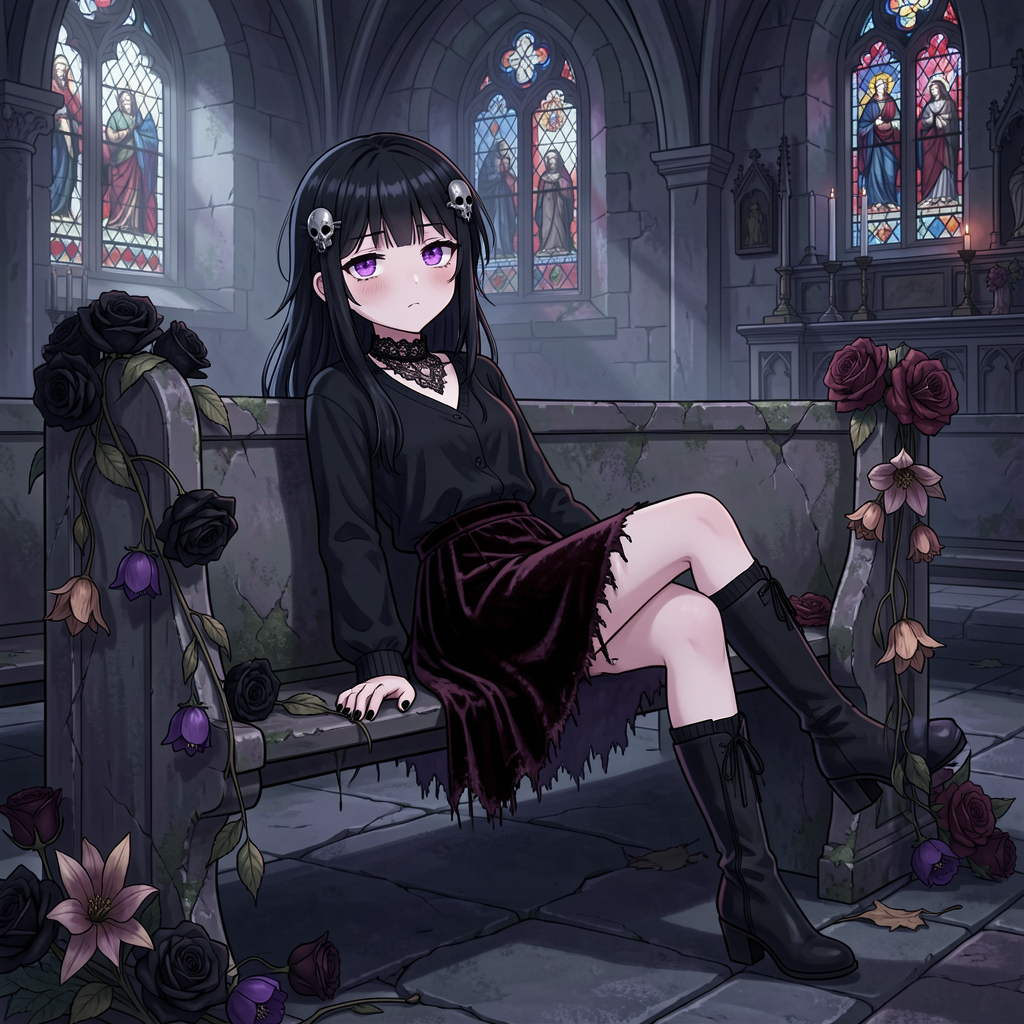 Goth anime girl with skull hair clips sits on a weathered stone pew inside a gothic church