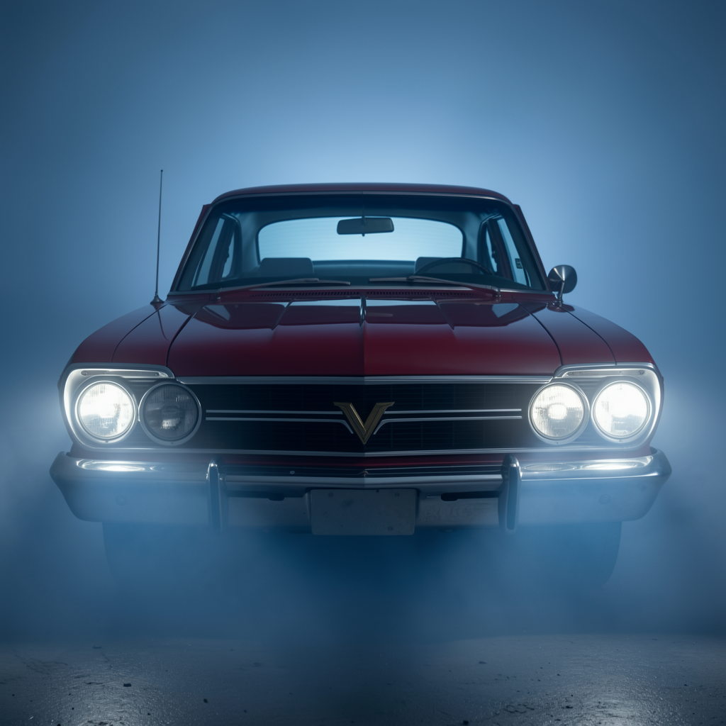 Front-facing shot of a maroon vintage sedan with glowing headlights surrounded by hazy cool blue fog