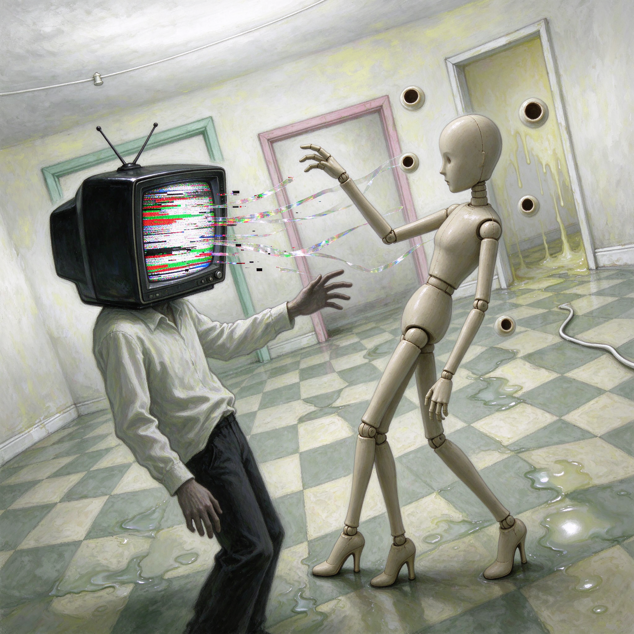 Surreal TV-headed figure exchanges glitch light streams with a jointed wooden mannequin in a liminal interior room