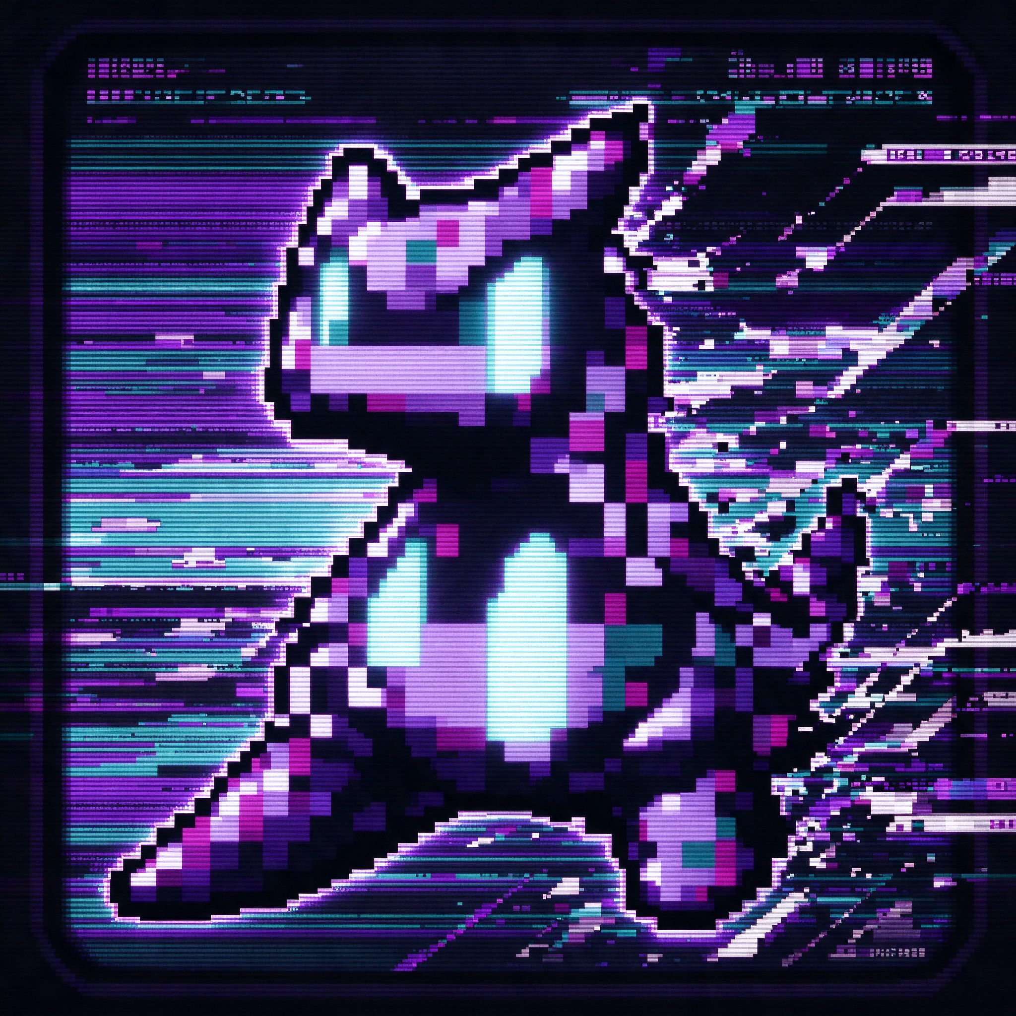 Glowing glitchy pixel art cyber cat against distorted CRT static and scan line background