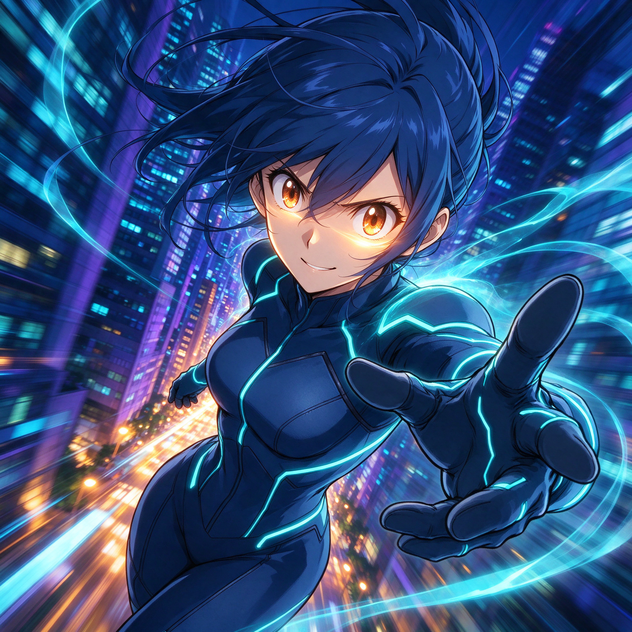 Anime superheroine in a glowing blue suit reaches out while flying over a neon night city